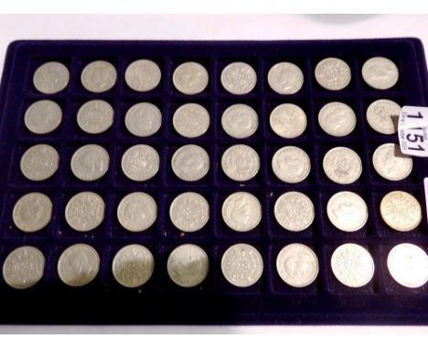 Tray of 40 pre decimal Florins. UK P&amp;P Group 1 (£16+VAT for the first lot and £2+VAT for subsequent lots) 