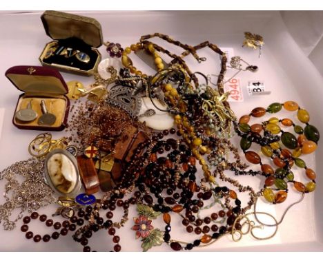 Selection of costume necklaces, cufflinks, enamelled badges and silver examples. UK P&amp;P Group 1 (£16+VAT for the first lo