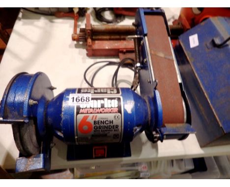 Clarke 6 inch bench grinder with sanding belt. All electrical items in this lot have been PAT tested for safety and have pass