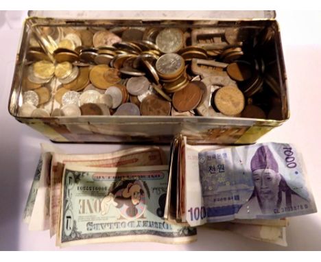 Tin of coins and banknotes (old world). UK P&amp;P Group 1 (£16+VAT for the first lot and £2+VAT for subsequent lots) 