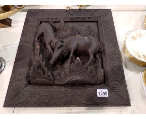 Hand carved wall hanging wall art depicting tiger and buffalo, 50 x 45 cm. Not available for in-house P&amp;P