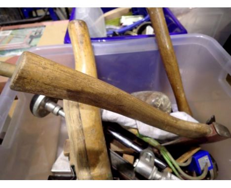 Box containing a mixed variety of tools to include axes, clamps etc. Not available for in-house P&amp;P