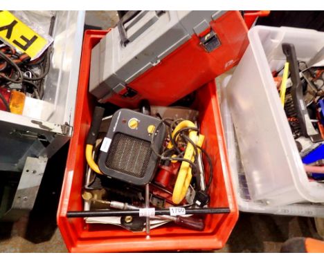 Large stacking box of mixed tools to include electrical heater. Not available for in-house P&amp;P 