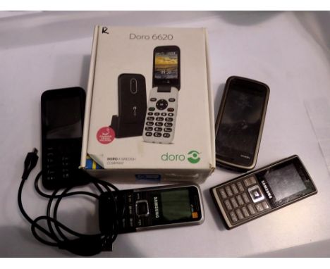 Five mobile phones to include a boxed Doro 6620. UK P&amp;P Group 1 (£16+VAT for the first lot and £2+VAT for subsequent lots