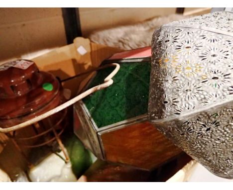 Paraffin lamp (damaged) and an ornate coloured glazed candle lamp plus a small paraffin heater, paraffin lamp has signs of he