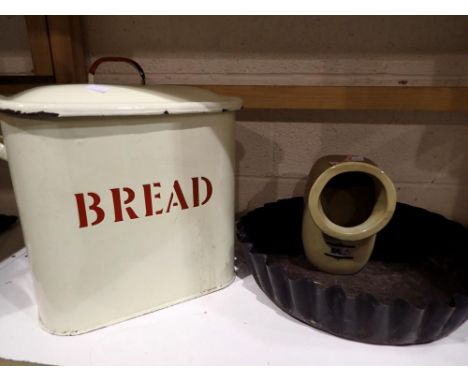 Enamelled bread bin, salt pig and metal flan dish. Not available for in-house P&amp;P