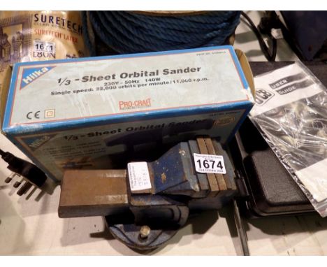 Daykay bench vice and a Hilka orbital sander. Not available for in-house P&amp;P 