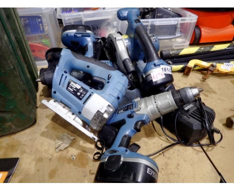 Mixed electrical tools to include Erbaur cordless circular saw, jigsaw, two drills and three batteries, with charger. All ele