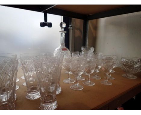 Shelf of glassware: decanter, aperitif glasses, hock glasses and sundae glasses. Not available for in-house P&amp;P