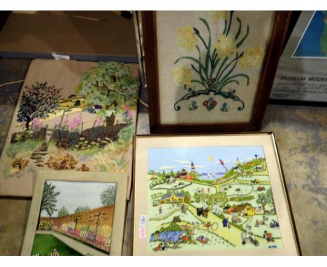 Four tapestry pictures to include two framed. Not available for in-house P&amp;P 