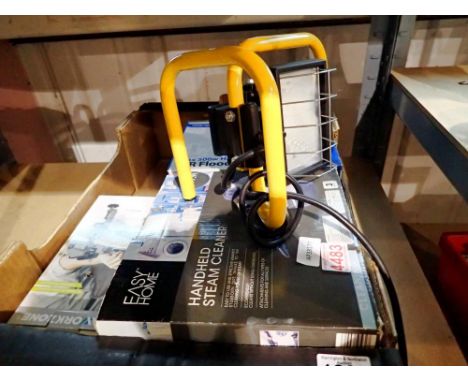 Mixed items including a handheld steam cleaner, 500w floodlight, boxed Workzone table vice and a work/inspection light. All e