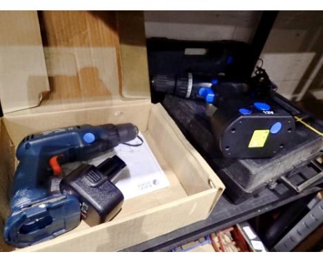 Three drills and an electronic screwdriver to include a boxed Black &amp; Decker KC1215C. Not available for in-house P&amp;P 