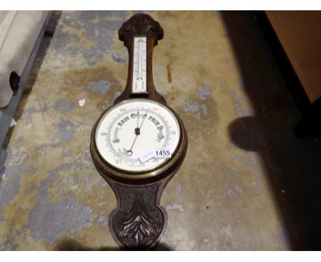 Carved oak wall hanging barometer, H: 81 cm. Not available for in-house P&amp;P