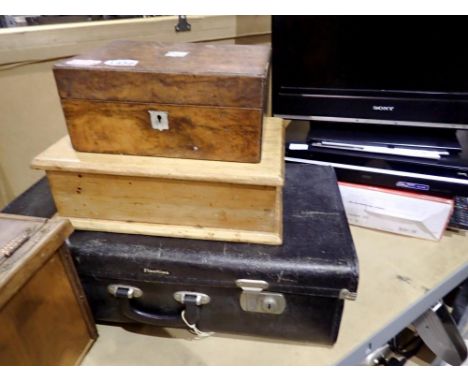 Pine lidded box plus one other example and a vintage leather suitcase. Not available for in-house P&amp;P 