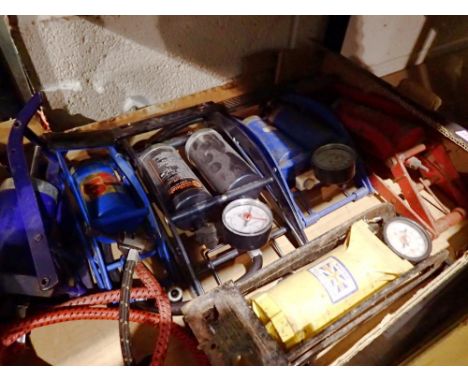 Six vintage car foot pumps. Not available for in-house P&amp;P 