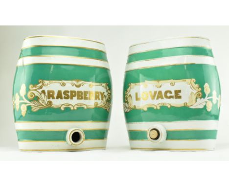 A pair of late 19th century circa 1890s Victorian stoneware ceramic pub barrels. The barrel in striped green &amp; white desi