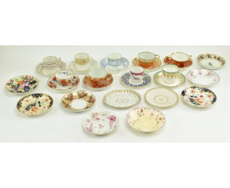 A collection of matched early - mid 19th century porcelain teacups and saucers, along with three teacups and a collection of 