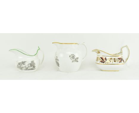 A collection of three 19th century porcelain cream pouring jugs. The lot comprising a bulbous Royal Copenhagen jug with gilt 