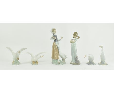 A collection of six 20th century Lladro and Nao fine bone china figurines. The lot to comprise four Lladro geese, two with ou