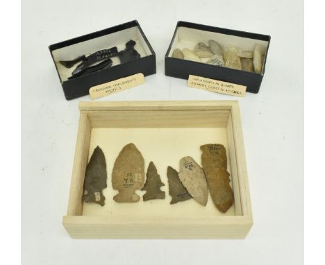 A collection of Stone Age prehistoric North &amp; South American quartz, obsidian and stone arrowheads. The arrow heads with 