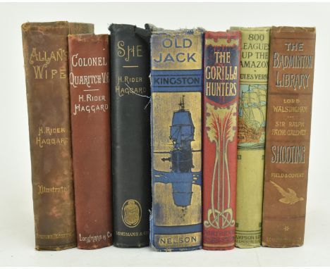A collection of 19th century H. Rider Haggard adventure books, along with four other late Victorian books in pictorial cloth 