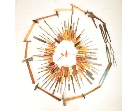 Carpentry &amp; wood-working. A collection of vintage screwdrivers, hammers, shears, chisels, firmer chisels and other such t