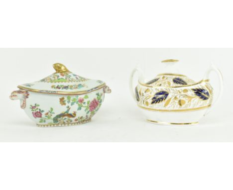 Two circa 1820 porcelain twin handled lidded Spode sugar pots. The lot comprising an oval shaped pot with gilt finial to lid,