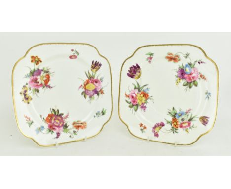 A pair of late 18th century circa 1790 early Spode hand painted porcelain plates. The plates of cushioned square form, featur
