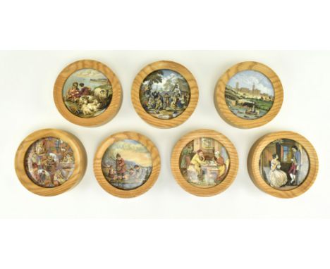 Prattware. A collection of seven 19th century Victorian &amp; later Staffordshire Prattware ceramic pot lids. Each mounted in