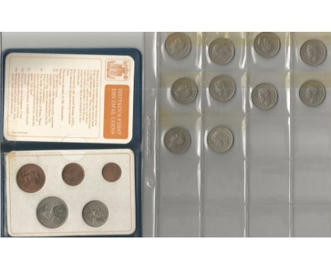 GB collection. Two packs of Britains First Decimal Coins, 5 coins. One folder collection of shillings and pence dated from 19