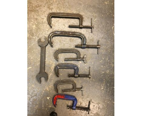 SIX LARGE KENNEDY,RECORD AND OTHER  G CLAMPS TOGETHER WITH A LARGE 50/55mm SPANNER. 