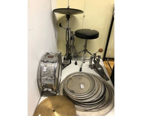 PREMIER SNARE DRUM AND STAND, HI-HAT AND STAND DRUM STOOL, BASS DRUM PEDEL VARIOUS SKINS AND CYMBALS 