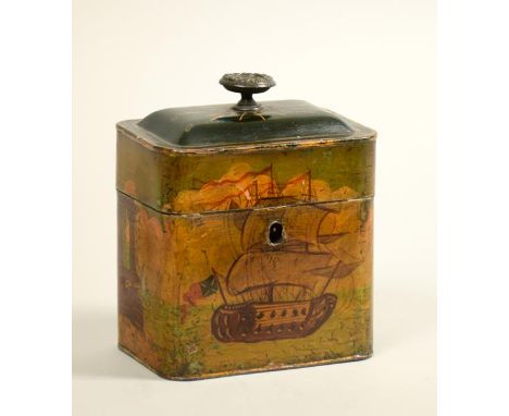 A late Georgian Toleware two compartment tea caddy of rectangular form with hinged domed cover and finial, painted with a Man