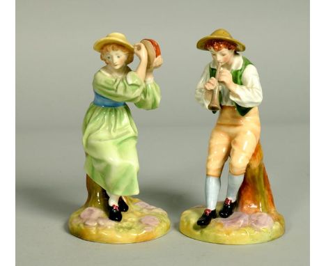 A pair of Royal Worcester figures - Phyllis & Strephon, modelled by James Hadley, no.1803, signed and stamped to base, date c
