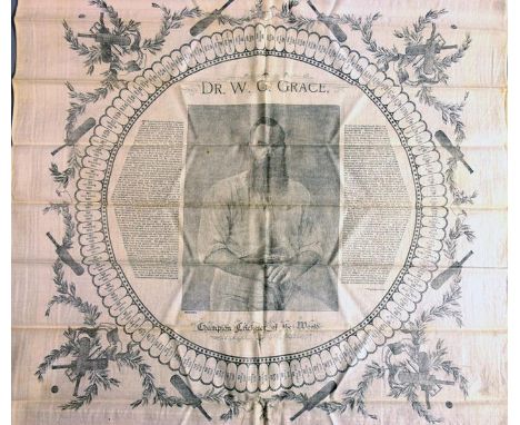 A late 19c W G Grace commemorative silk handkerchief  printed with black and white portrait of the cricketer together with co