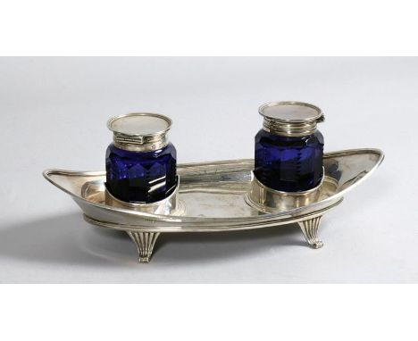 A late 19c Dutch silver inkstand with axe mark, 8.7oz, 9.5w, having two blue glass inkwells, the silver covers London 1892, 2