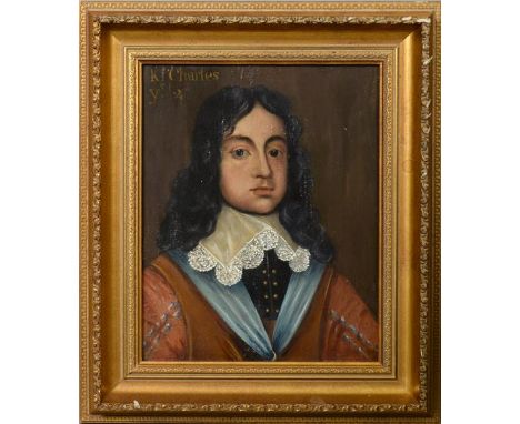 Unsigned - a portrait of King Charles II, oil on board, framed, 12 x 9.5. This painting has hung for some years in Blo'Norton