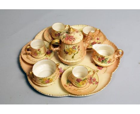 An early 20c Royal Worcester blush ivory floral decorated coffee service, comprising four cups and saucers, saucers 4.75w, cu