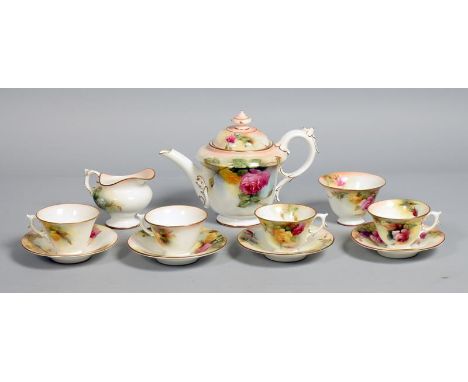 An early 20c Royal Worcester hand painted 'Hadley Rose' coffee service, comprising four cups and saucers, saucers, 4.75diam, 