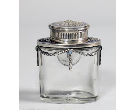 A late 19c/early 20c Austro-Hungarian silver and enamel ink well, the swag decoration set with opal jewels, 3.25h.