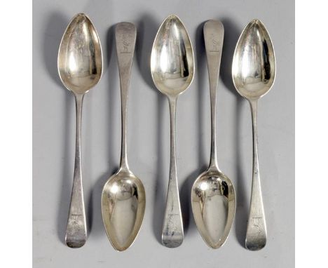 Five 19c Irish sterling silver teaspoons, makers mark for Toleken of Cork, 4.75oz, each 6.75 l.