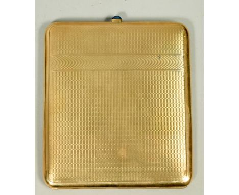 A 9ct gold cigarette case, engine turned and with sapphire set push button, 132.5g, 3.5 x 4.