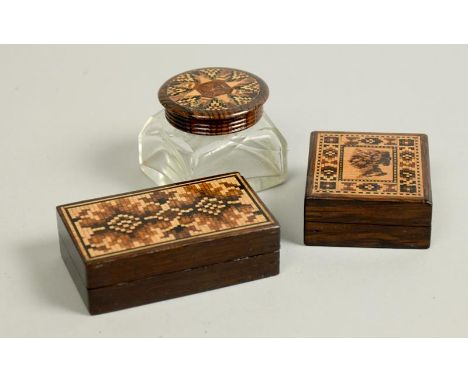 A 19c Tunbridgeware stamp box with Victorian stamp lid together with a rectangular trinket box with lift off cover and a smal