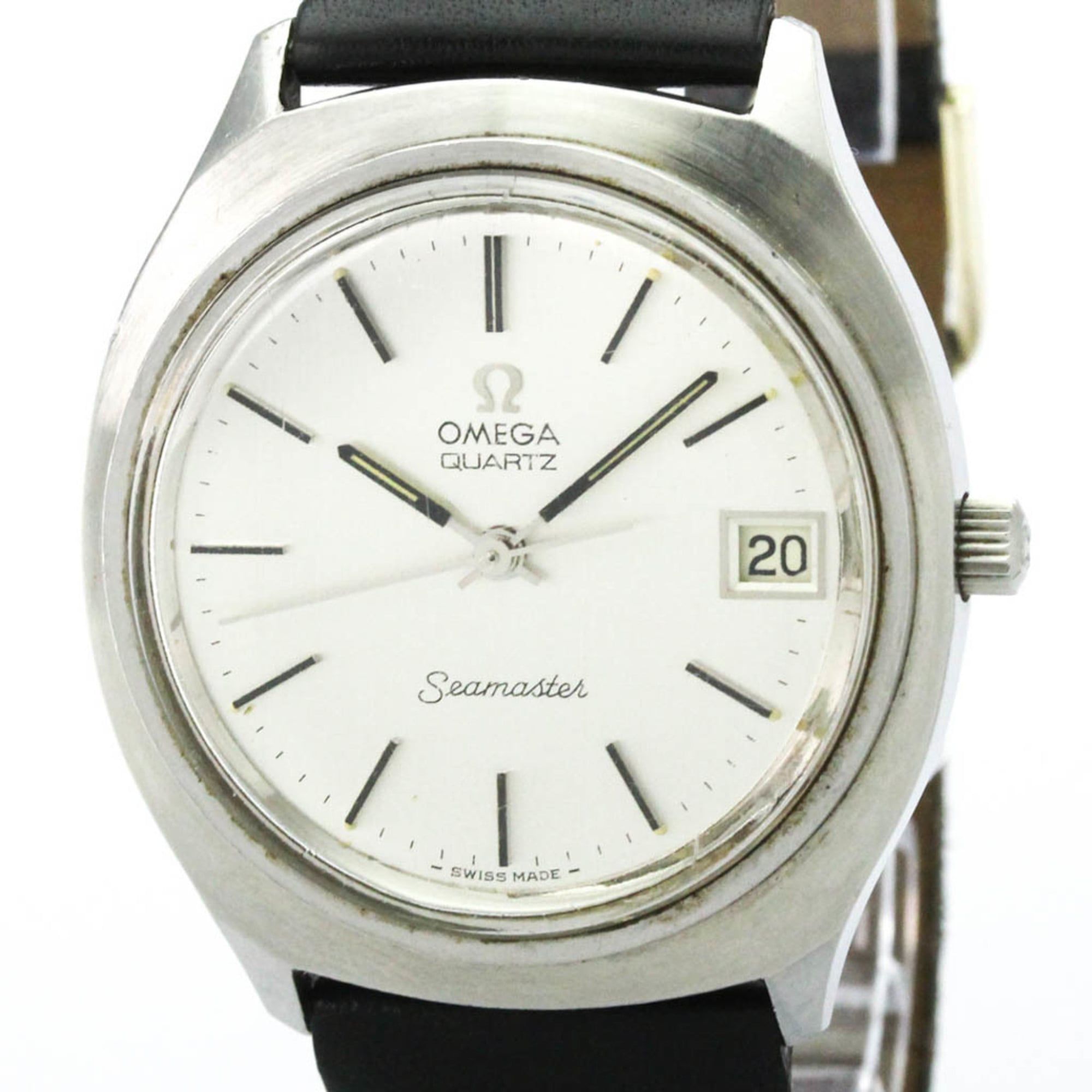 OMEGA Seamaster Date Steel Leather Quartz Mens Watch 196.0072 Vintage