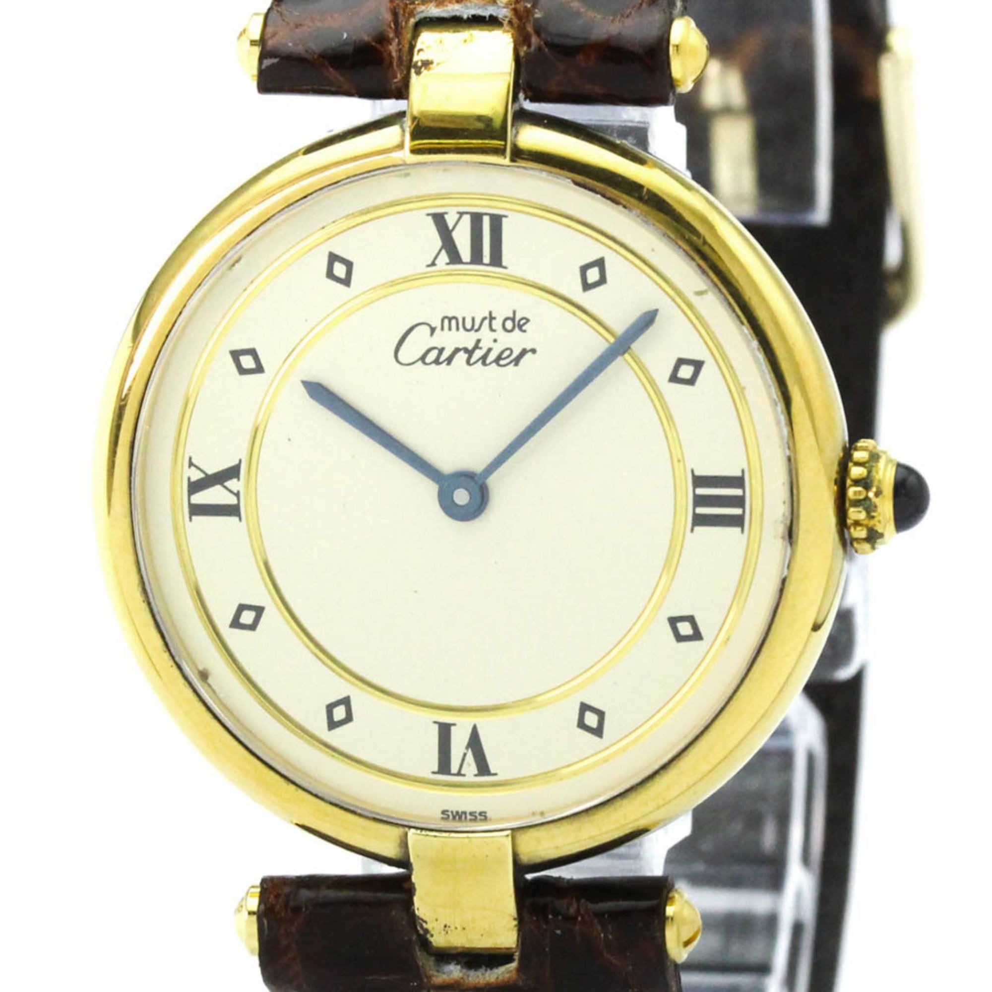 CARTIER Must Vendome Gold Plated Leather Quartz Unisex Watch 590003