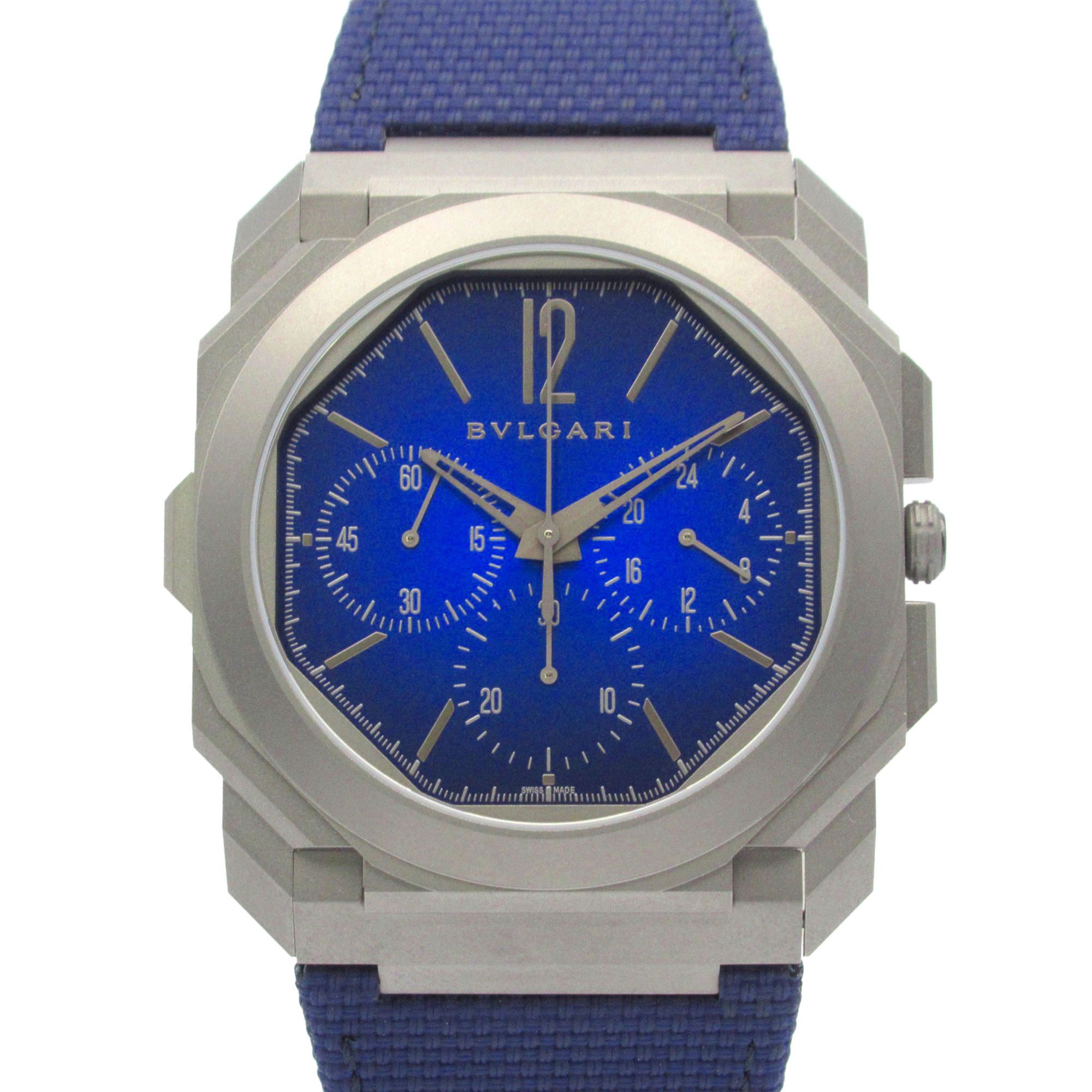 Bvlgari Octo Finissimo Chronograph GMT Men's Watch with Titanium and Leather Strap, Blue, 103889