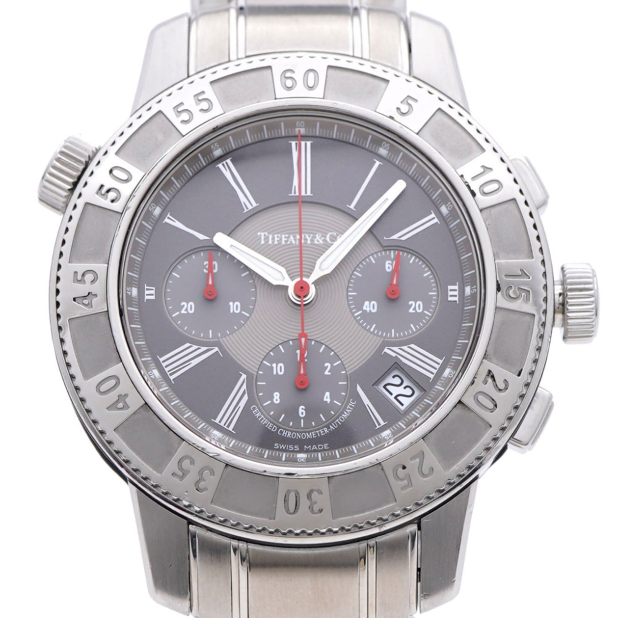 Tiffany & Co. T-57 Chronograph Watch with See-Through Back, Automatic, Stainless Steel, Gray, 0201,