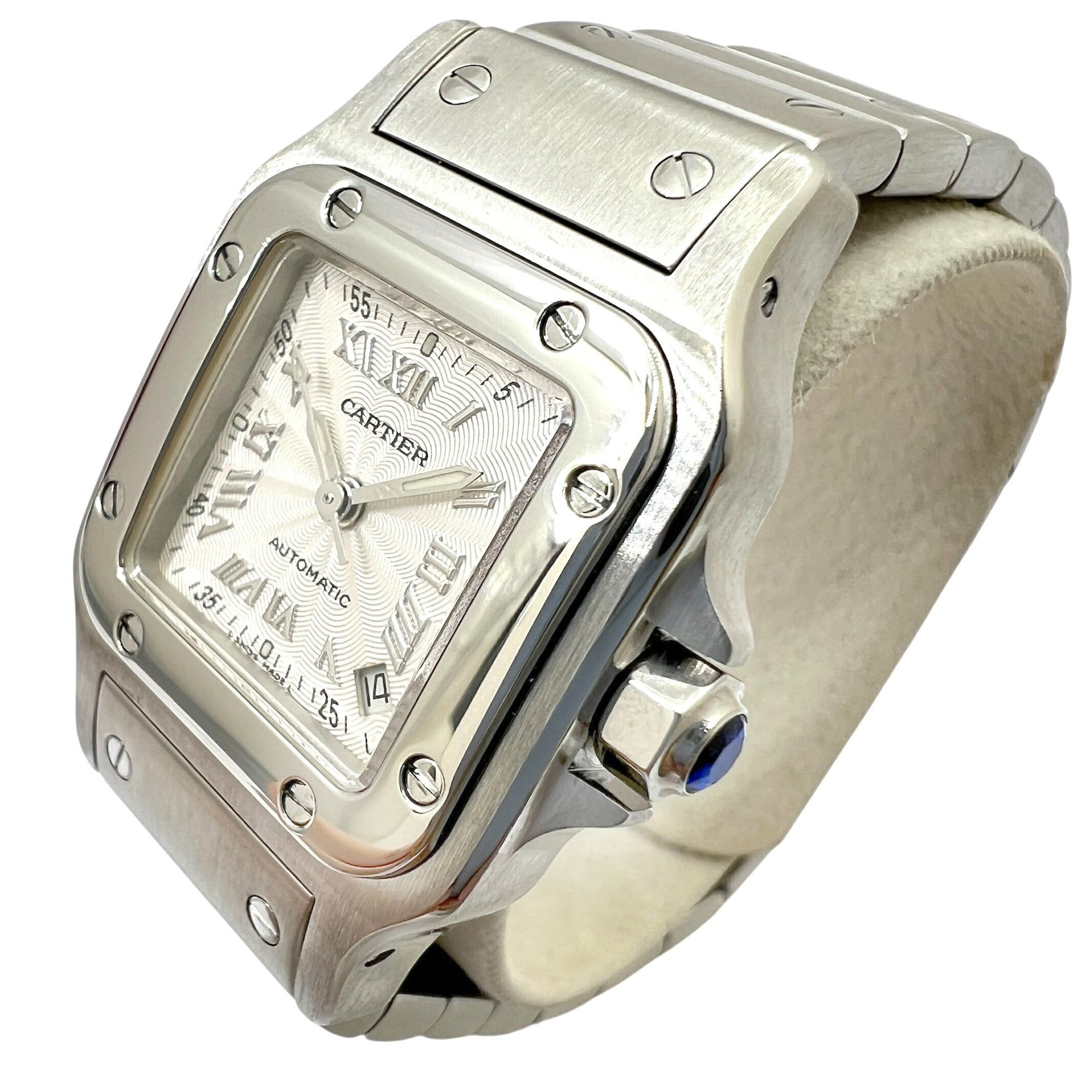Cartier Santos Galbe SM Stainless Steel Silver Dial Guilloche Automatic Watch W20044 for Men and Wom