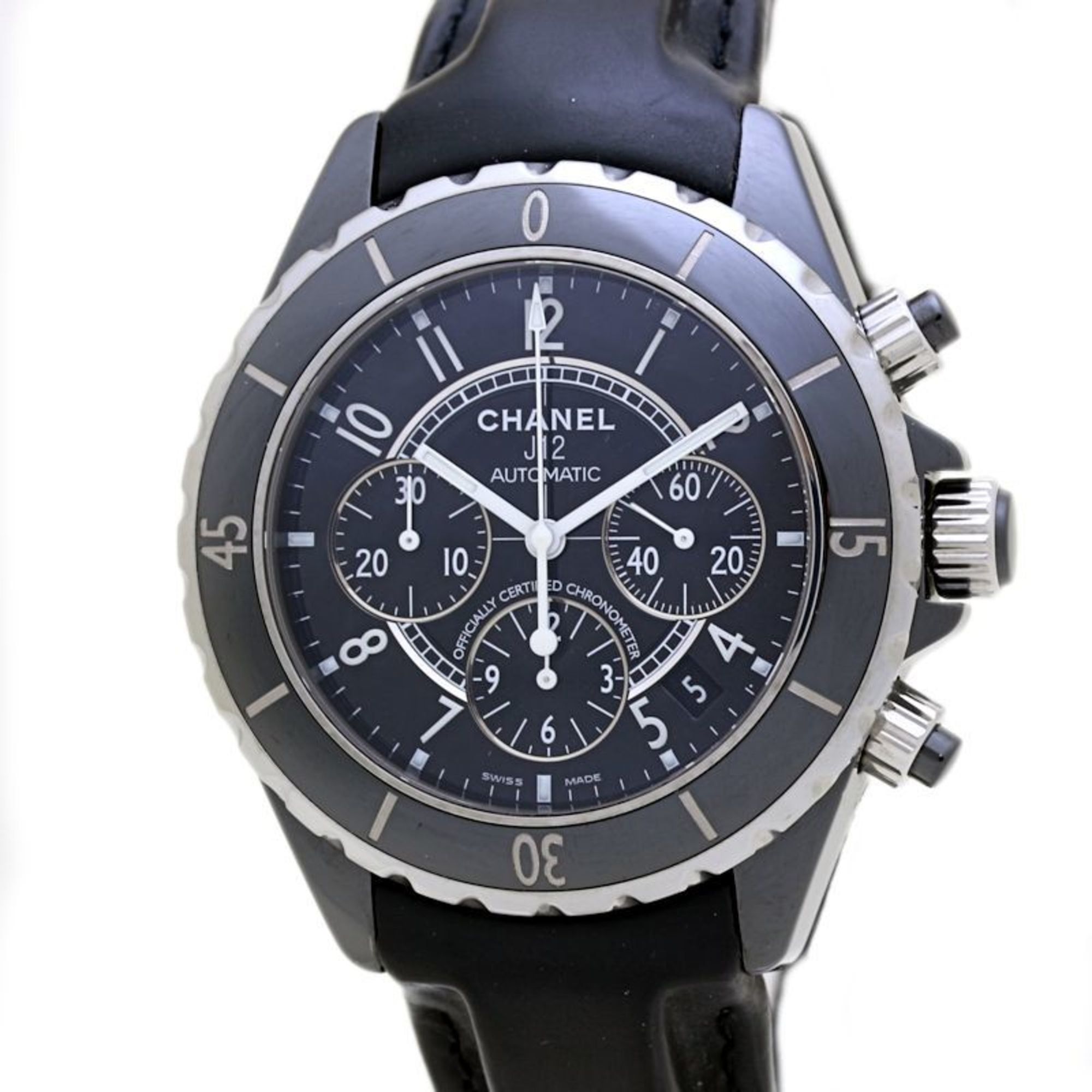 CHANEL J12 Chronograph Date H0938 Men's Watch in Black Ceramic, Stainless Steel, and Leather Finish