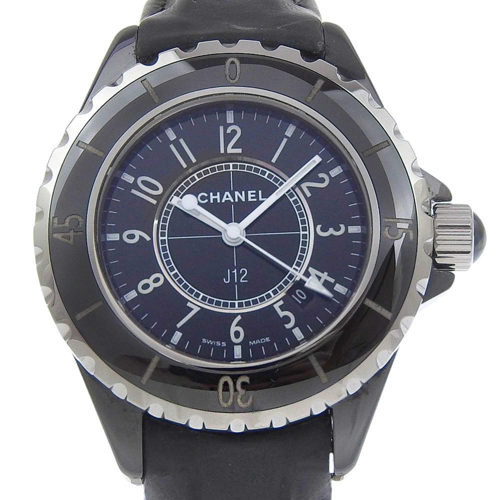 CHANEL J12 Watch H0680 Ceramic and Leather Quartz Analog Display Black Dial Women's